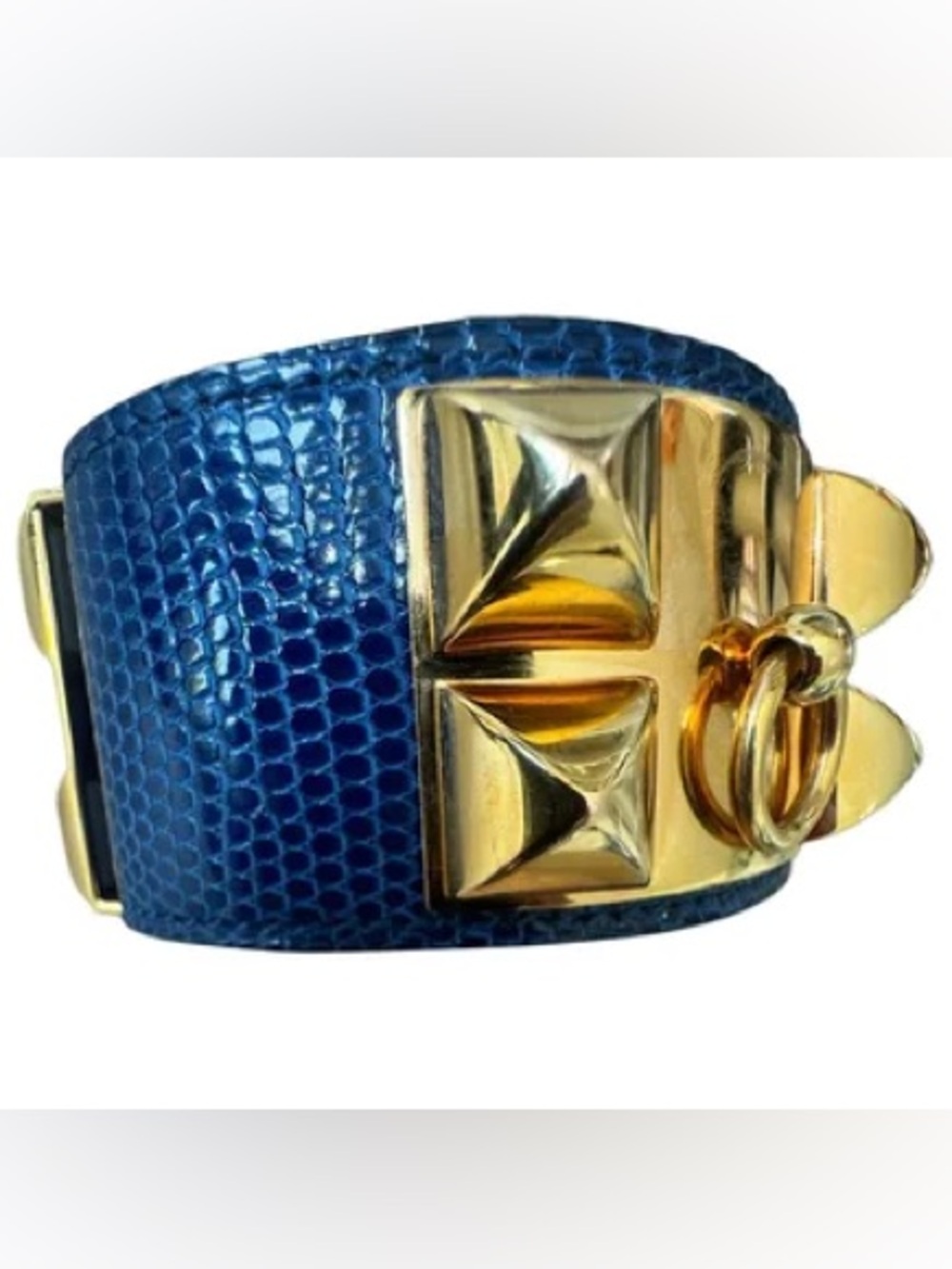 Hermes Blue Lizard-Texture Leather Bracelet with Gold Hardware